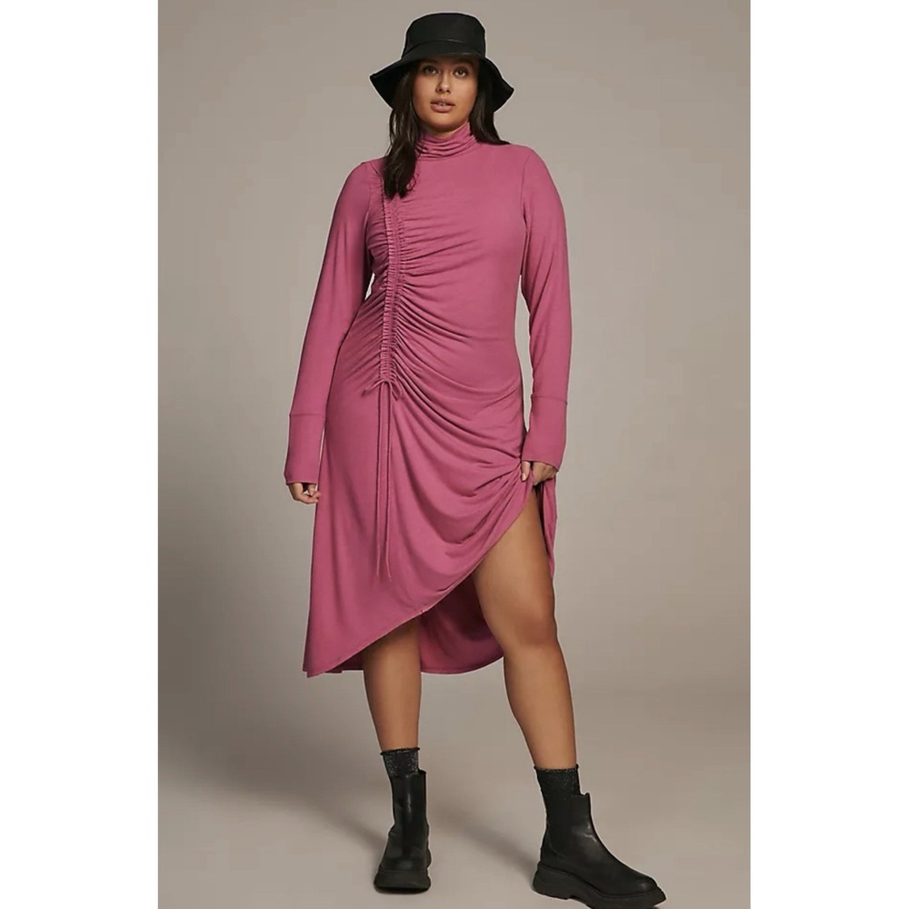 Anthropologie‎ Daily Practice Ruched Cowl Neck Cozy Midi Dress Pink sz M - Picture 12 of 13
